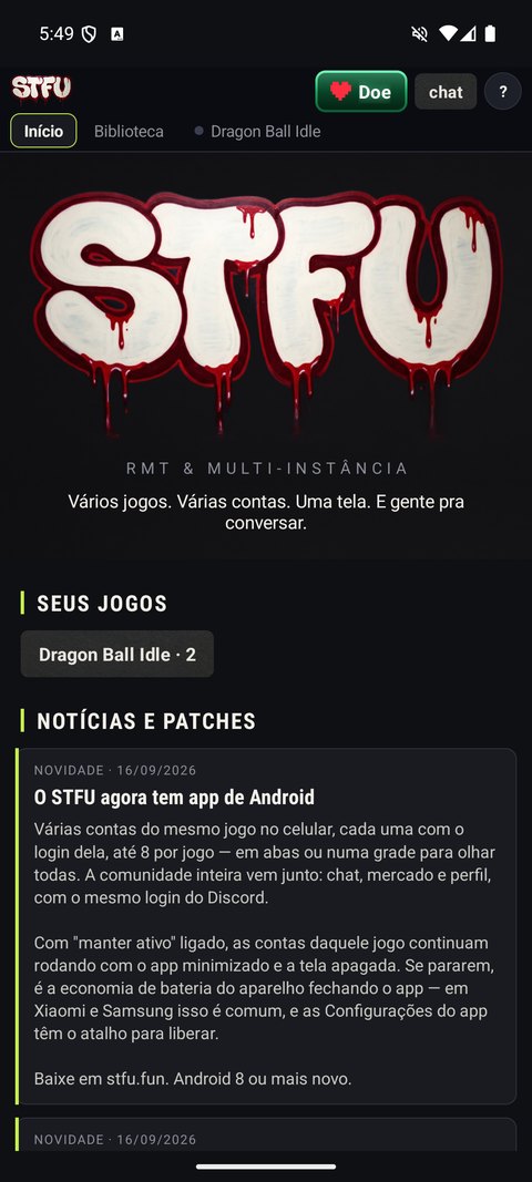 Tela inicial do app com o logo do D2K, seus jogos e as notícias